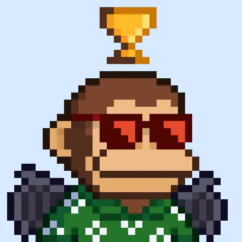 Pixel-art ape in red shades and a green shirt under a gold trophy, Solana Monkey Business Gen3 #2436