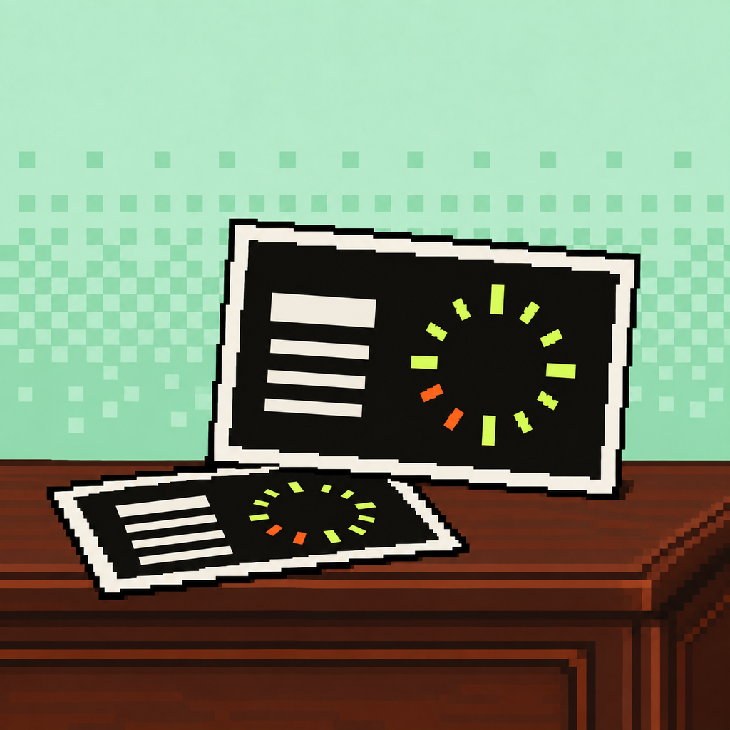 Pixel-art prints of a Wrapped card on a wooden desk, one standing and one lying flat
